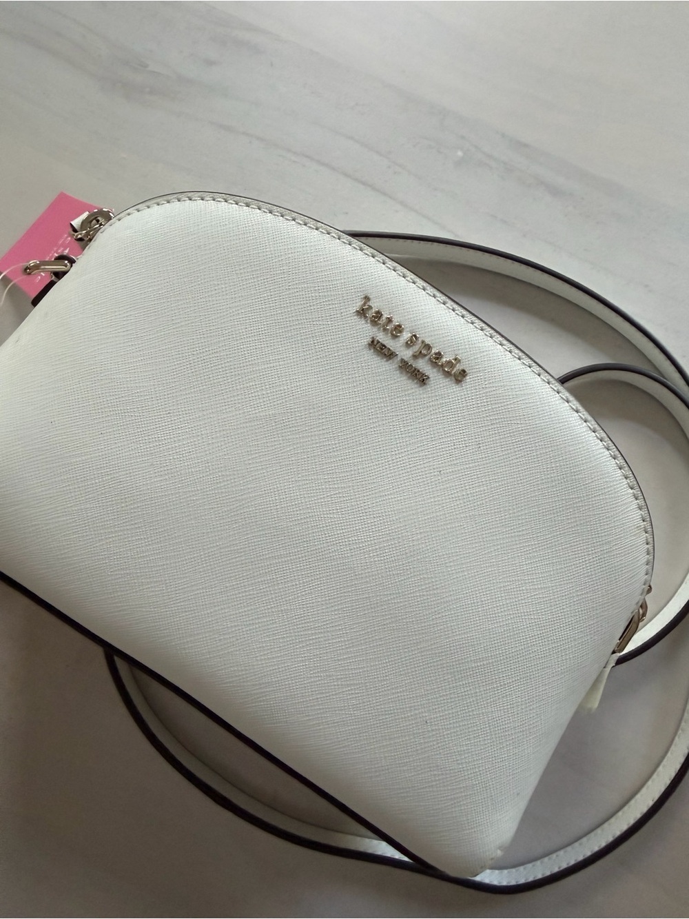 kate spade White Saffiano Dome Crossbody with Gold Logo